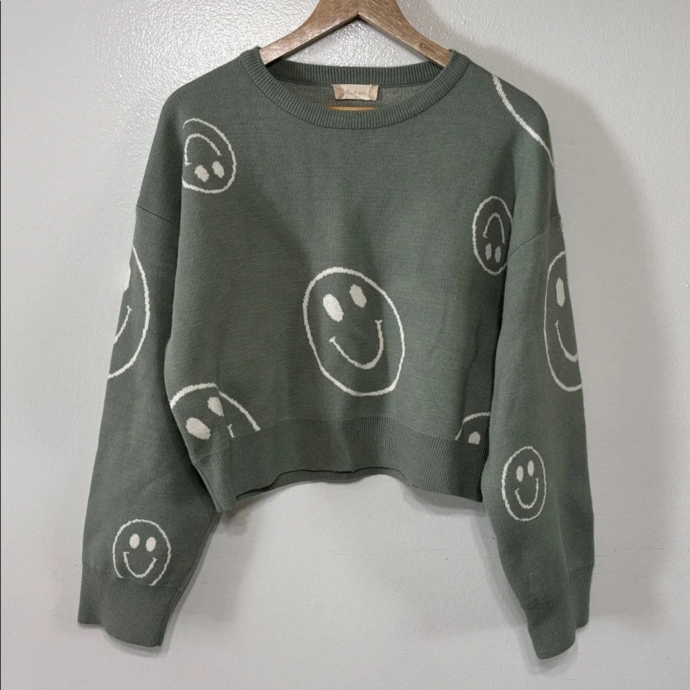 Alter’d State Green Smiley Face Cropped Sweater Size L